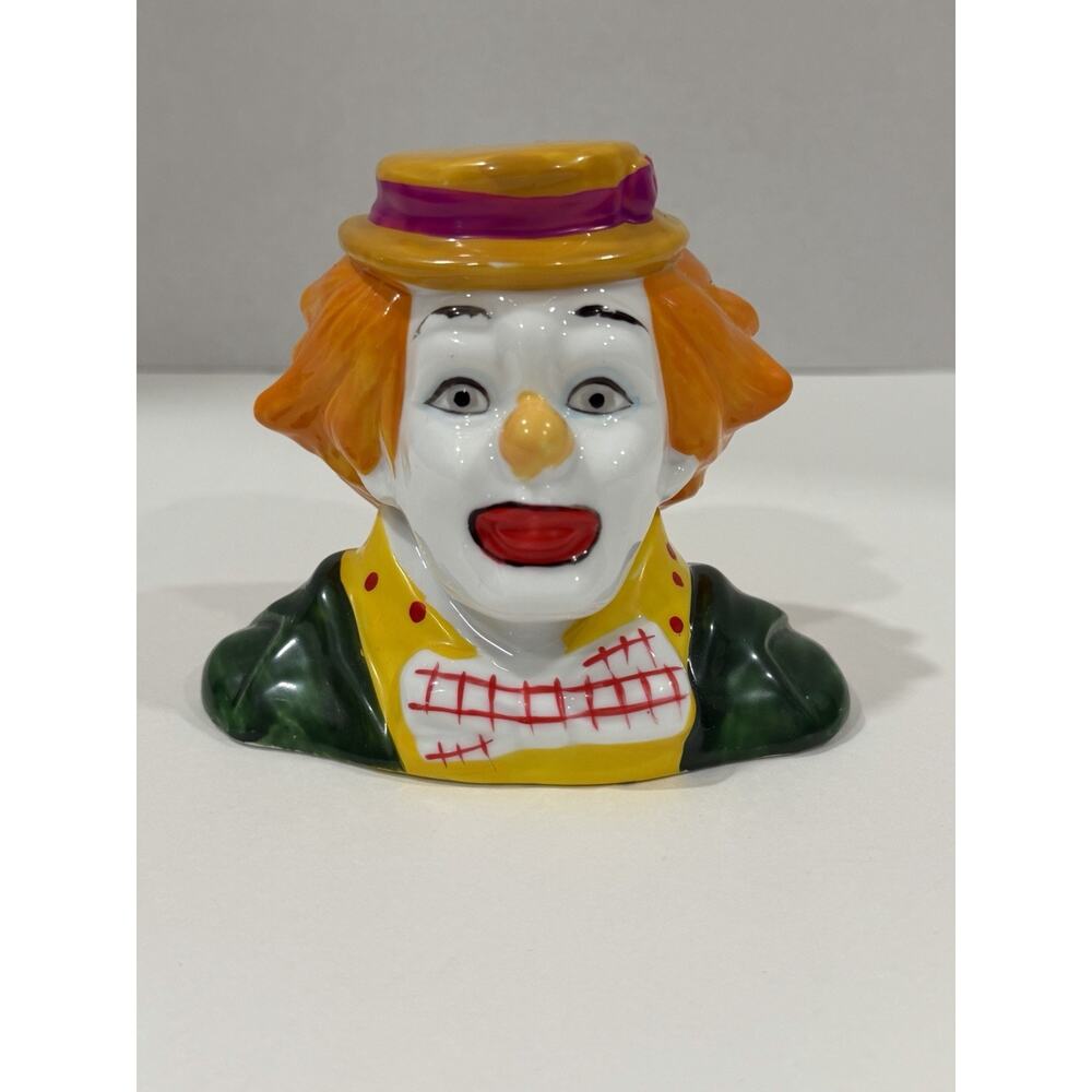 Vintage Ceramic Clown Head Coin/Penny Bank - Orange Hair, Green Suit, Bow Tie
